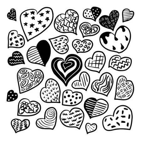 Set of hand drawn hearts with abstract texture. Curves, lines, scribbles, circles, stars inside hearts. Outline doodle drawings. Contour sketchy items.のイラスト素材