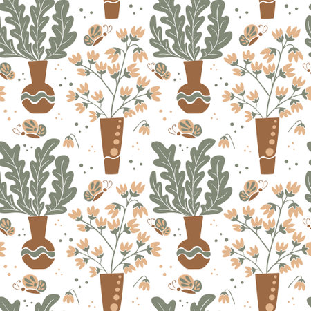 Floral seamless pattern with bunches in vases on white background. Hand drawn flat abstract flowers, leaves in vases. Trendy retro print design for textile, wallpaper, interior, wrapping paperのイラスト素材
