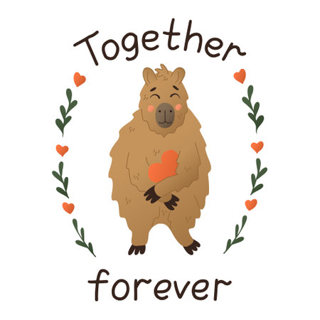 Fun flat hand drawn capybara with love lettering. St Valentines day concept. Cute flat animal character with heart and floral elements. Isolated sticker on white backgroundのイラスト素材