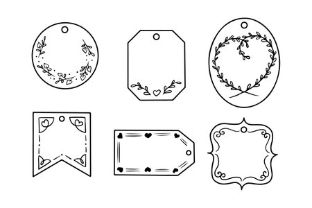 Set of hand drawn doodle badges with floral motive. Vector isolated black contour frames for stickers, cards on white background. Floral and hearts decoration.のイラスト素材