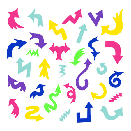 Set of neon colored flat hand drawn arrows. Different type of direction signs isolated on white background. Good for social media graphics, stickers, icons, background, patternのイラスト素材