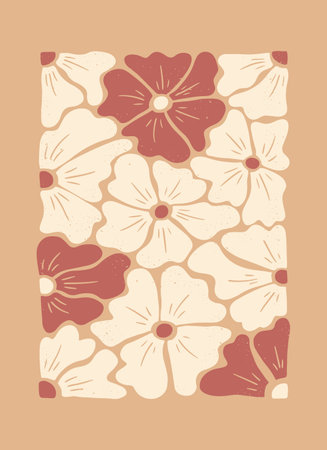 Retro vintage floral abstract vertical composition. Flat botanical illustration with grunge texture in peach colors. Ideal for home decoration, posters, t shirt print, social mediaのイラスト素材
