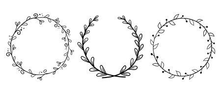 Doodle contour hand drawn floral round frames. Set of vector isolated black outline frames for stickers, cards on white background. Templates for wedding, anniversary or celebrating card or invitationのイラスト素材