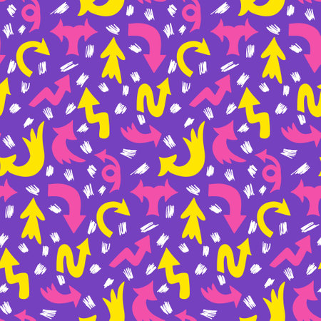 Neon colored vintage seamless pattern with arrows. Retro 90s style concept pattern. Different type of flat hand drawn arrows and scribbles. Good for social media graphics, background, textileのイラスト素材