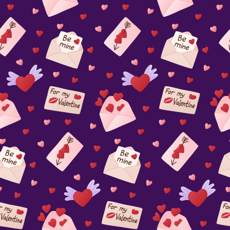 Valentines envelopes seamless pattern with hearts, greeting cards and lettering. St Valentines day concept pattern on purple background. Trendy print design for textile, wallpaper, wrappingのイラスト素材