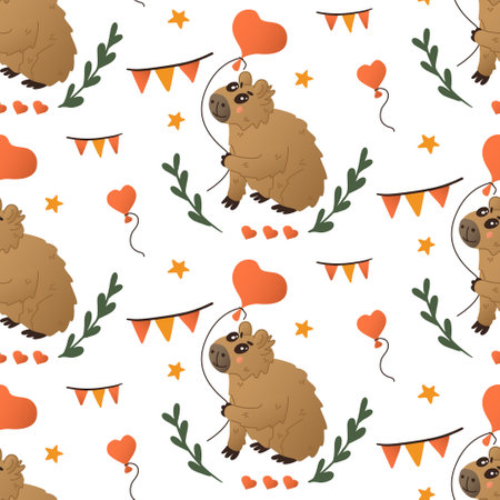 Valentines pattern with capybara with balloon. Cute flat animal cartoon characters with flags, floral branches, stars. St Valentines day or happy birthday concept pattern on white backgroundのイラスト素材