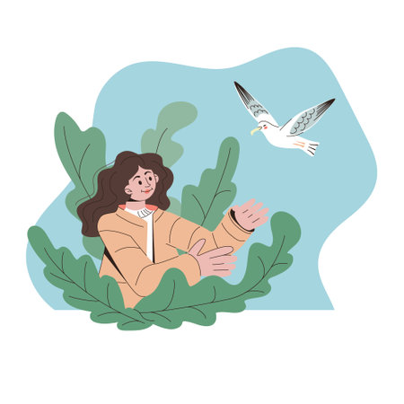 Flat girl with bird. Eco friendly concept poster. Happy young woman in green plants watching for bird in the sky. Good for poster, banner,のイラスト素材