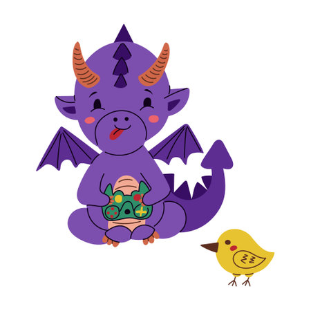 Fun dragon teens playing with joystick. Hand drawn flat composition in flat cartoon style. Trendy kawaii illustration for sticker, decoration. Symbol of the yearのイラスト素材