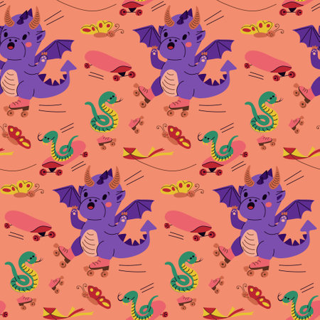 Naughty dragon on roller skates seamless pattern. Kids fun concept. Vector kids illustration in kawaii cartoon style. Trendy print design for textile, wallpaper, wrapping, backgroundのイラスト素材
