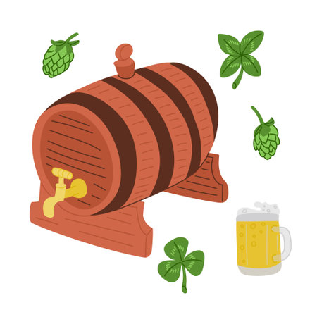 Doodle hand drawn beer items on St Patricks day. Colored sketchy leaves, clover, shamrock, hops, beer mug and beer barrel. Irish celebration concept. Ideal for decoration, stickers, patternのイラスト素材