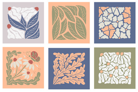 Set of square abstract floral compositions in trendy colors. Flat botanical illustration with grunge...
