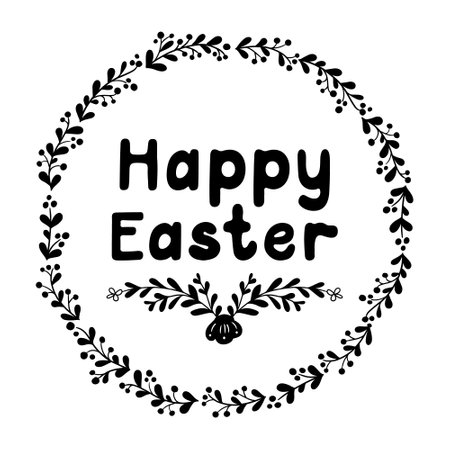 Black doodle style typographic Easter illustration. Floral wreath with text HappyEaster. Isolated vector illustration on white backgroundのイラスト素材