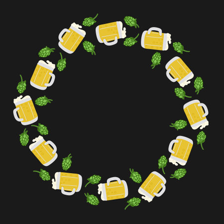 Flat hand drawn beer mug and hops wreath. Isolated vector elements on dark background. St Patricks...