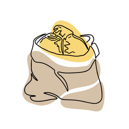 One line contour sack with lemons in boho style. Botanical vintage retro drawing. Outline line composition isolated on white background.のイラスト素材