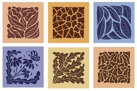 Set of duotone abstract floral square posters. Flat contrast botanical illustrations in printmaking...