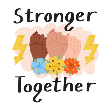 Female solidarity slogan Stronger together poster. Woman power concept banner with slogan. Stronger together. Hand drawn colorful vector illustration.のイラスト素材