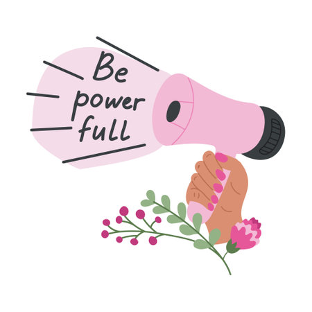 Motivating female slogan with hand and megaphone. Feminist vector composition isolated on white background. Stylish prints for posters or t-shirts. feminism quotes and woman motivational slogansのイラスト素材