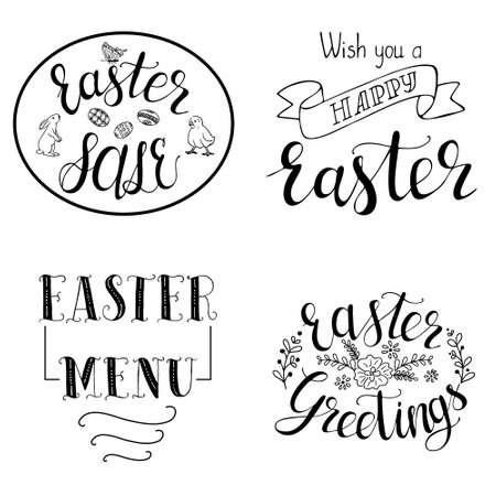 Set of Easter calligraphic contour greeting cards. Vector typography design for banner, poster, card. Modern vector calligraphy isolated on white backgroundのイラスト素材