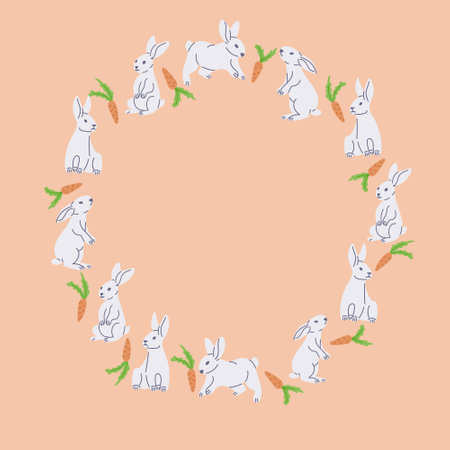 Easter flat wreath with Easter bunny and carrots. Spring holiday concept. Sketchy hand drawn elements on orange background. Ideal for as template for greetings, banner and backgroundのイラスト素材