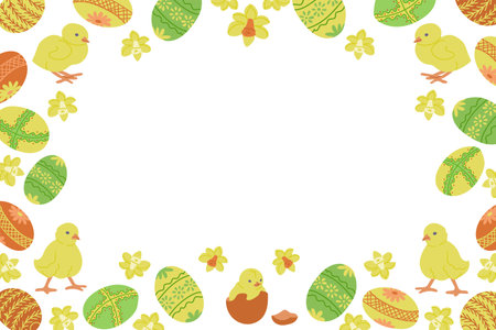 Easter horizontal banner for social media. Frame template or design print with Easter basket and easter eggs on white background. Good for banner, background, social media graphicsのイラスト素材