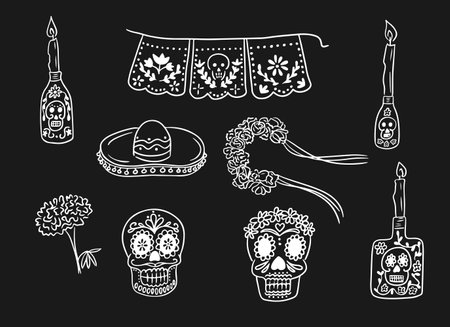 Doodle contour set of items related to Dead day. Vector white outline drawings on black background. Ideal for decoration, stickers, tattoo, patternのイラスト素材