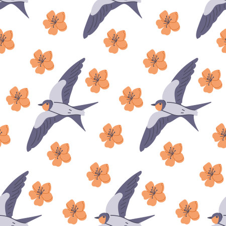 Flying swallow with flowers bloom seamless pattern. lat hand drawn colored elements on white background. Unique retro print design for textile, wallpaper, interior, wrapping. Spring conceptのイラスト素材