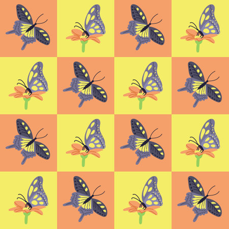 Butterfly contrast geometric seamless pattern. Flat hand drawn insects in contrast squares. Unique retro print design for textile, wallpaper, interior, wrapping. Spring conceptのイラスト素材