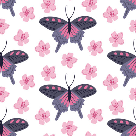 Bright butterfly with blossom seamless pattern. Flat hand drawn colored elements on white background. Unique print design for textile, wallpaper, interior, wrapping. Spring conceptのイラスト素材