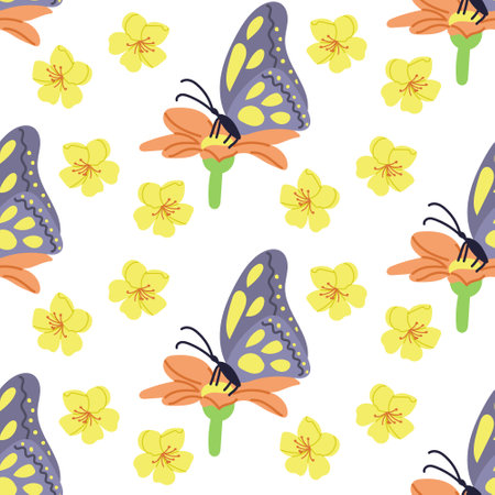 Butterfly on flower seamless pattern on white background. Flat hand drawn colored elements. Unique print design for textile, wallpaper, interior, wrapping. Spring conceptのイラスト素材