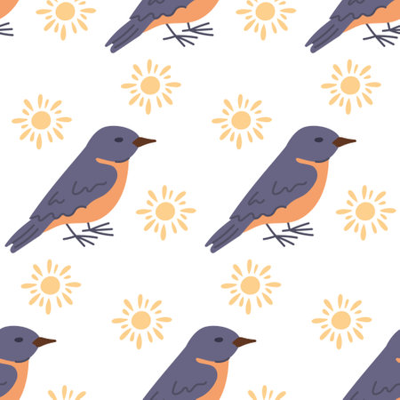 Sitting bird with abstract sun seamless pattern. Flat hand drawn colored elements on white...