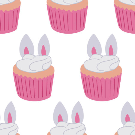 Easter cake decorated bunny ears seamless pattern. Flat hand drawn colored elements on white background. Unique retro print design for textile, wallpaper, interior, wrapping. Easter holiday conceptのイラスト素材