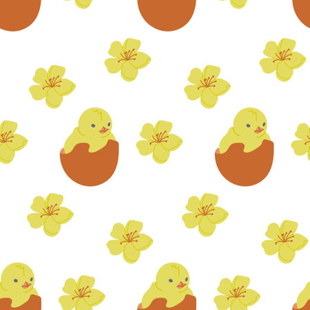 Easter chick in eggshell with flowers seamless pattern. Flat hand drawn colored elements on white background. Unique retro print design for textile, wallpaper, interior, wrappingのイラスト素材