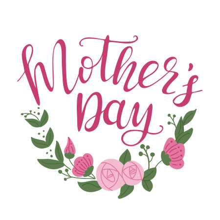 Calligraphic greeting card for Mothers day. Slogan Mothers day with abstract floral composition on white background. Modern vector calligraphyのイラスト素材