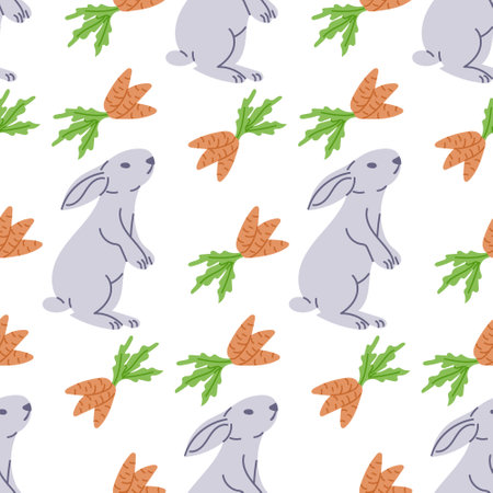 Cut white bunny with carrots seamless pattern. Flat hand drawn colored elements on white background. Unique retro print design for textile, wallpaper, interior, wrappingのイラスト素材