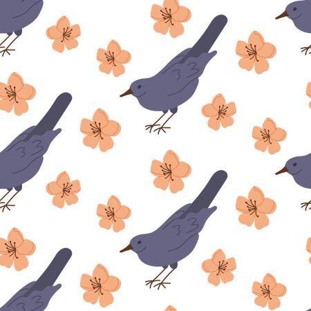 Spring bird with flowers seamless pattern. Flat hand drawn colored elements on white background. Unique retro print design for textile, wallpaper, interior, wrapping. Spring conceptのイラスト素材