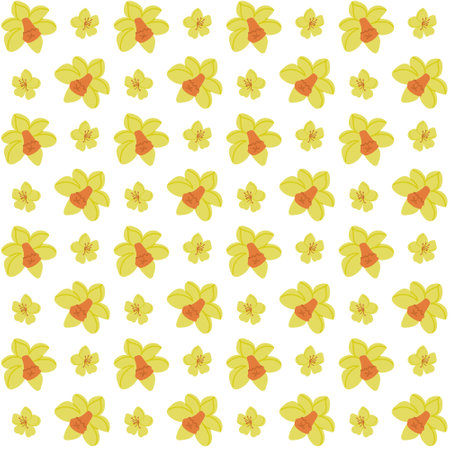 Spring seamless pattern with yellow daffodils. Flat hand drawn colored elements on white background. Unique print design for textile, wallpaper, interior, wrappingのイラスト素材