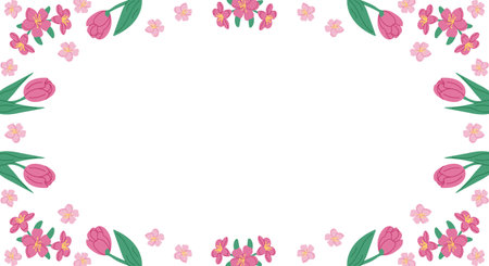 Spring horizontal floral banner template on white background. Frame template or design print with hand drawn tulips and cherry blossom. Good for banner, background, social media graphicsのイラスト素材