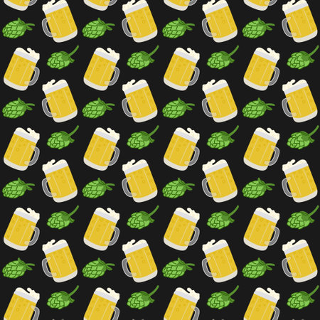 Flat beer mug seamless pattern. Dark theme. Hand drawn beer glass and hops on black background. St Patricks day traditional concept. Unique print design for textile, wallpaper, wrappingのイラスト素材