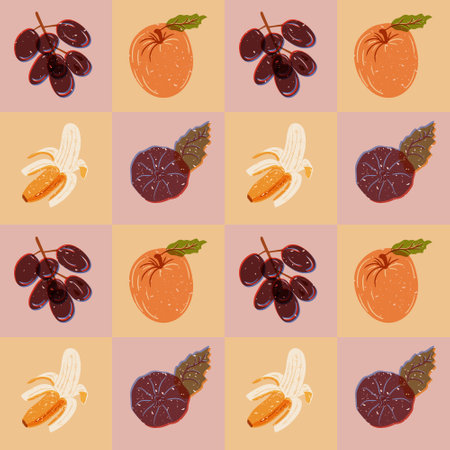 Fruit pattern with grunge risograph imitation. Retro style. Healthy food concept. Different tropical...