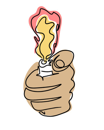 Drawing in boho style of hand with fire. Hand drawn single line icon of human hand with lighter. Contour vector composition isolated on white backgroundのイラスト素材