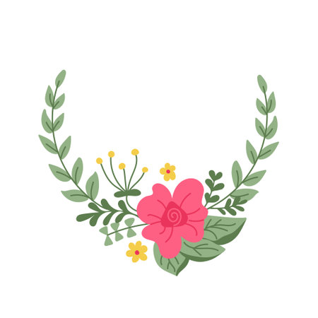 Abstract stylized hand drawn floral wreath isolated on white background. Sketchy hand drawn abstract flowers and branches. Ideal for as template for greetings, banner and backgroundのイラスト素材