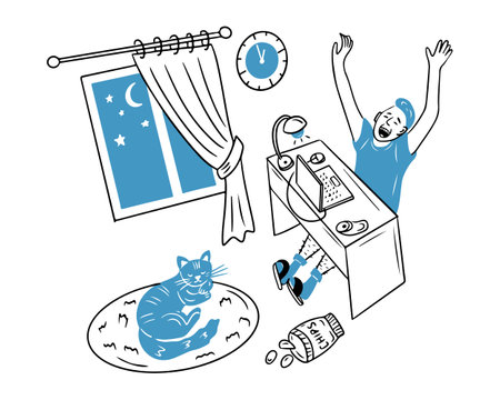 Doodle illustration of student studying at night. Contour vector composition isolated on white background. Hand drawn sketchy drawingのイラスト素材