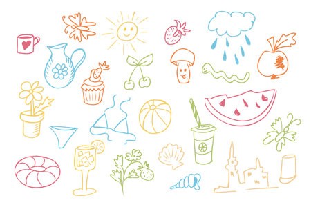 Summer pastel colored hand drawn drawings set. Childish outline elements isolated on white background. Vacation summer concept. Good for decoration, stickers, background.のイラスト素材