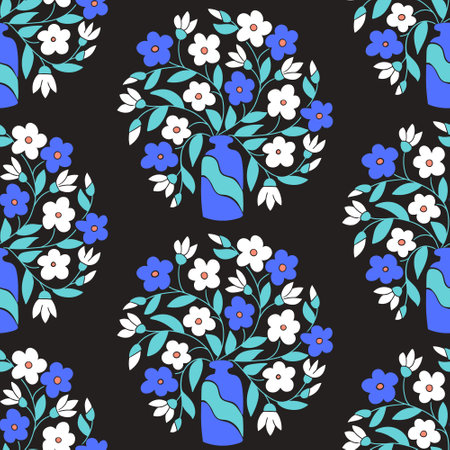 Abstract seamless pattern with stylized flowers in vase and round shape. Modern flat vector print with flat floral bunch on black background.のイラスト素材