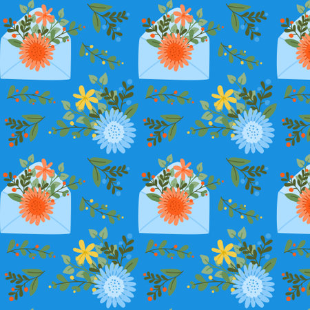 Contrast seamless pattern with stylized floral compositions and envelopes. Vector flat hand drawn colored flower on blue background. Springtime or summer concept for textile or wallpaperのイラスト素材