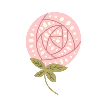 Flat stylized rose flower in folk style isolated on white background. Vector hand drawn stylized drawing in muted colors and boho style. Ideal for decor, printout, decorationのイラスト素材