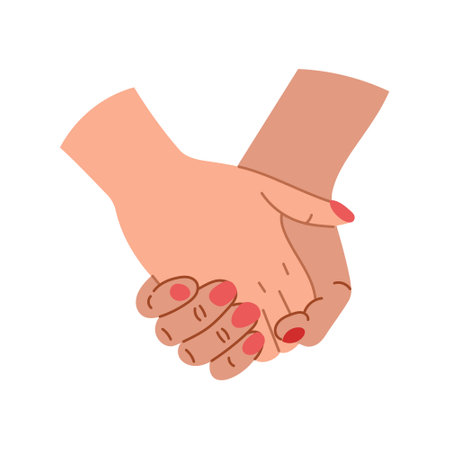 Two hands holding together in love and support. Care, partnership and connection concept. Palms touching each other. Vector flay hand drawn illustration on white backgroundのイラスト素材