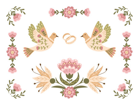 Wedding horizontal banner or template in flat floral folk style with birds and rings in muted colors. Botanical illustration for wedding or engagement invitation isolated on white backgroundのイラスト素材