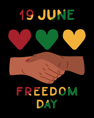 Juneteenth poster with diverse hands and traditional colors. Vector flat hand drawn elements with text Freedom Day on black background. Vertical placard or banner for social mediaのイラスト素材