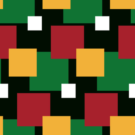 Abstract seamless pattern with squares in traditional African colors. Juneteenth Freedom Day concept. Vector flat illustration on dark backgroundのイラスト素材